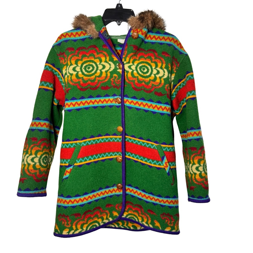 Vintage Limited Colors of Benetton Wool Coat Fur Trim Green Made in Italy